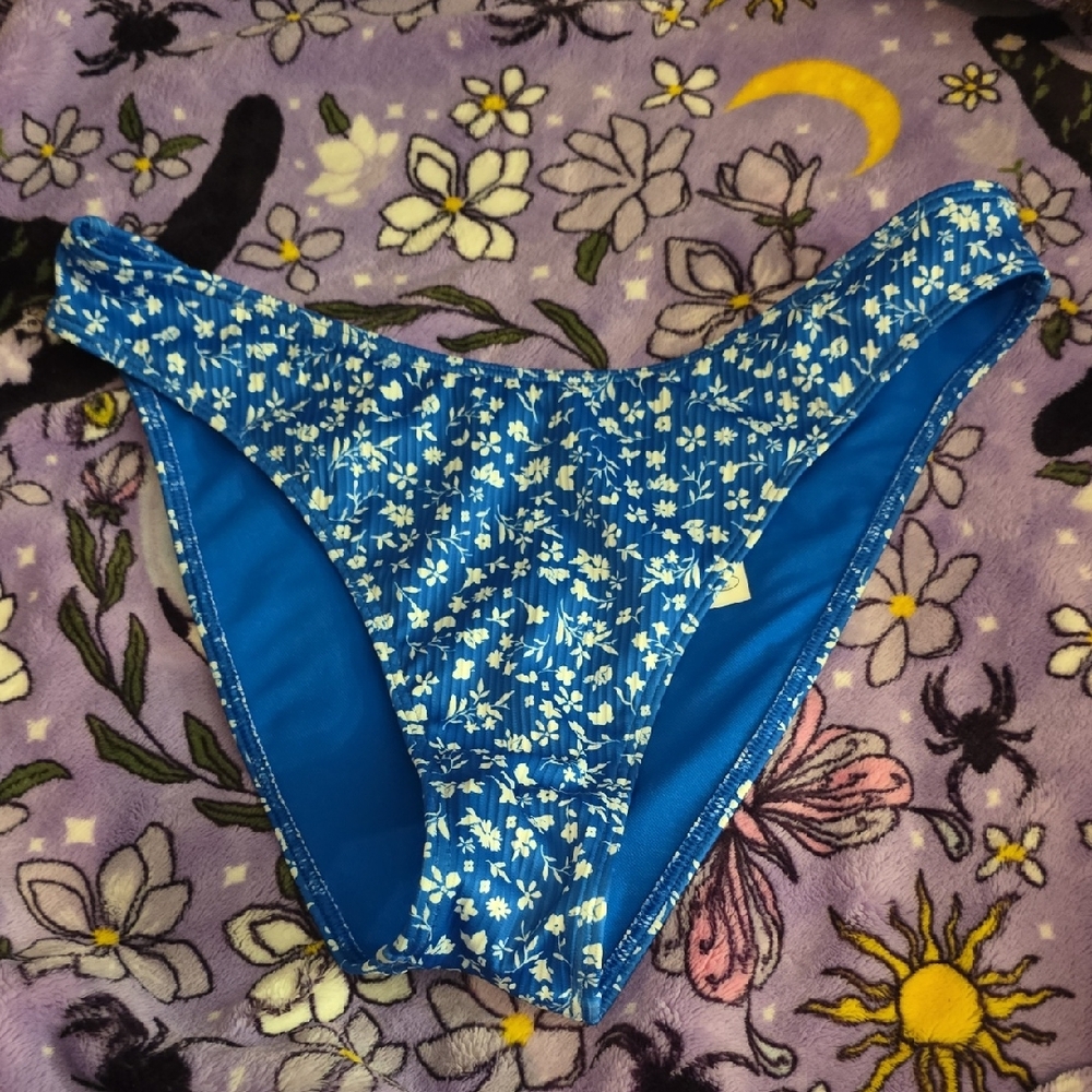 Hollister Blue Bikini Bottom with White Floral Design